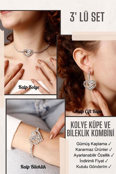 HUBANN Silver Color Stone Heart Patterned 3 Piece Set Waterway Necklace, Earrings and Bracelet Stone Stylish Set