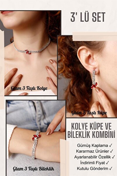 HUBANN Gümüş Kaplama Kırmızı Taşlı Glam 3' lü Set Su Yolu Kolye, Bileklik ve ...