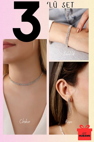 HUBANN 3-Piece Waterway Set Choker, Bracelet and Earring Set 2-Row Waterway Set