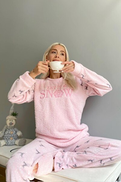 Pijamaevi Powder Pink Let It Snow Patterned Women's Plush Pajama Set
