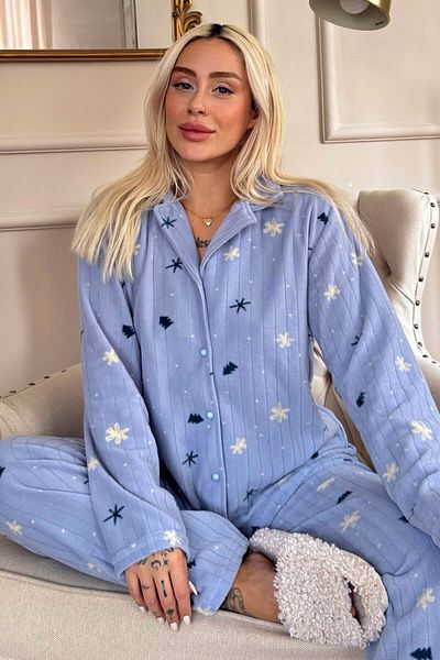 Pijamaevi Blue Pine Patterned Front Buttoned Plush Fleece Pajama Set
