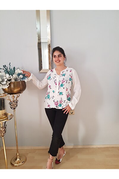 FERGAN WOMEN'S WHITE PATTERNED LONG Sleeve LINEN DAILY SHIRT