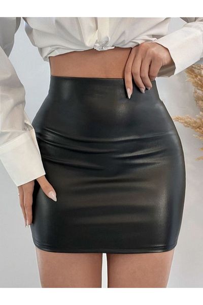 SUHIS Negru, piele artificială, talie elastică, fustă mini strânsă
