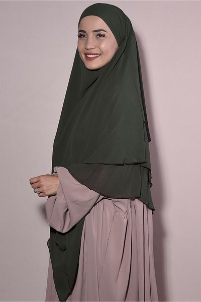 Tek Tesettür Giyim Chiffon Souffle Khimar Ready-made Veil Khaki Green - Khaki
