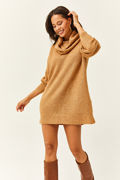 Olalook Kadın Camel Degaje Yaka Yumuşak Dokulu Triko Tunik Elbise ELB-19001982