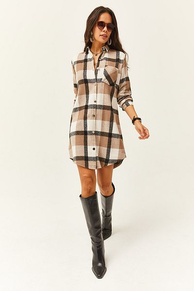Olalook Women's Black Gray Lumberjack Thick Plaid Tunic Dress ELB-19000836