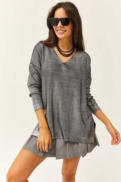 Olalook Damen-Strickpullover in Silber mit V-Ausschnitt und legerem Metallic-Look KZK-19000724