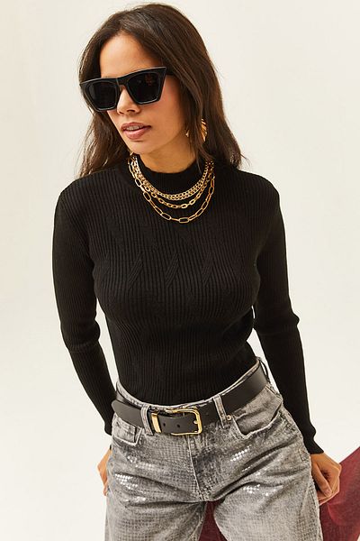 Olalook Pulover de damă, negru, cu detalii în zig-zag, tricot pescar, KZK-19000488