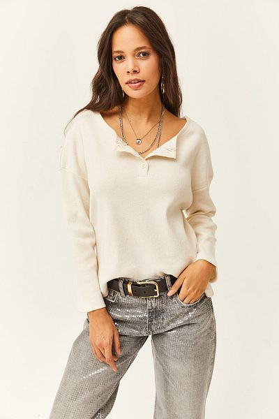 Olalook Women's Ecru Buttoned Loose Sweater KZK-19000721