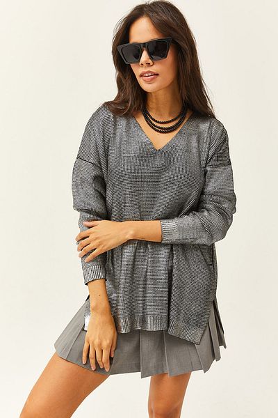Olalook Damen-Strickpullover in Silber mit V-Ausschnitt und legerem Metallic-Look KZK-19000724