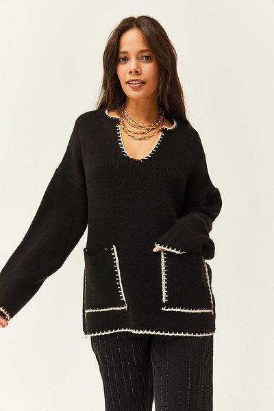 Olalook Pulover supradimensionat pentru femei cu guler și buzunar negru KZK-19000717