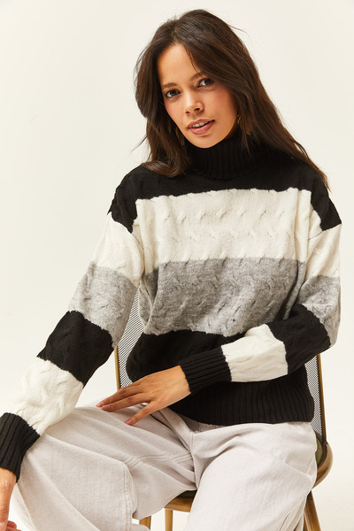 Olalook Pulover de damă din tricotaje cu textura moale cu dungi cu împletitură de păr negru KZK-19000686