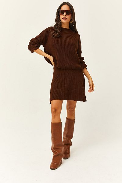 Olalook Women's Bitter Brown Top Sweater Bottom Mini Flared Skirt Knitwear Suit TKM-19000248