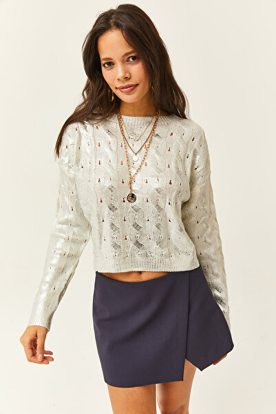 Olalook Women's White Thick Hair Braided Metallic Knitwear Sweater KZK-19000722