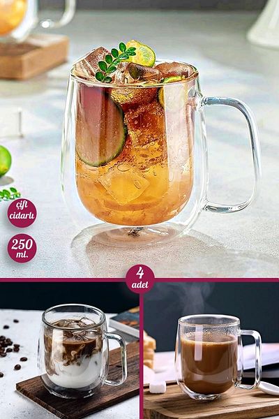 Tilbe Home مجموعة من 4 أكواب مزدوجة الجدار سعة 250 مل، كوب شاي للمكتب المنزلي، كوب تقديم القهوة، كوب زجاجي متين