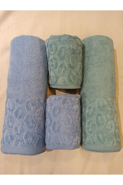 ŞENER HOME Set de baie din 4 bucăți, prosop de baie și cap - albastru și mentă