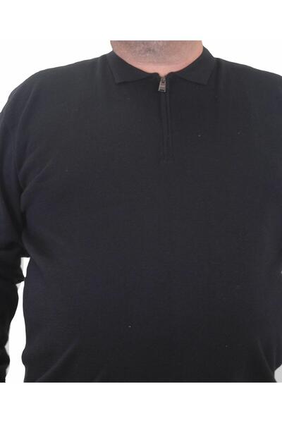 MocGrande Men's Large Size Polo Collar Zippered Knitwear Sweater 23701 BLACK
