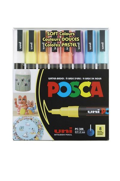 Uni Posca PC-3M Pastel Color Painting Marker Set - 0.9-1.3 Water Based, 8 Colors