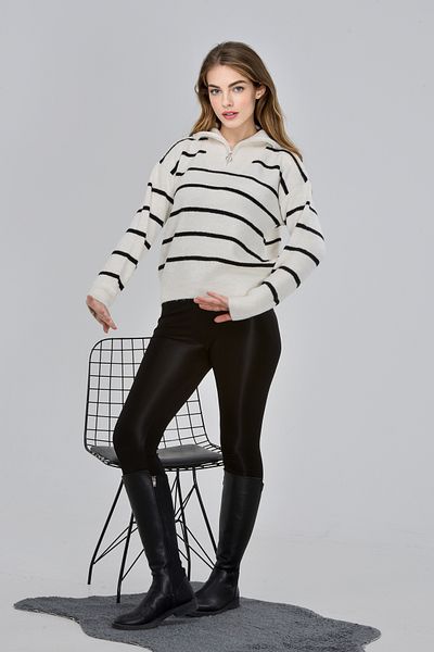NYN TEKSTİL Women's Turtleneck Zippered Striped Sweater