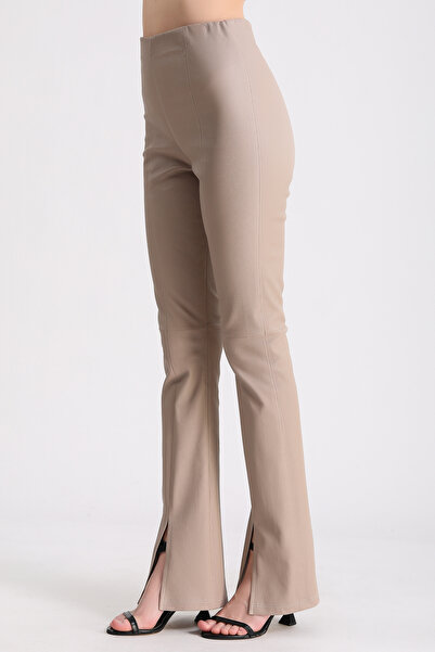 Leather Club Krem Yırtmaç Detaylı Deri Pantolon