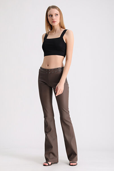 Leather Club Bej Trok Detaylı Deri Pantolon