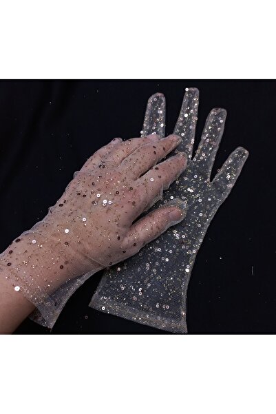 es moda shop قفازات Taara من التول اللامع والمطرز باللون البني