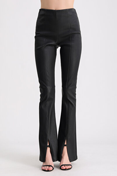 Leather Club Siyah Yırtmaç Detaylı Deri Pantolon