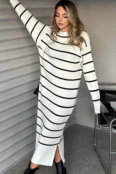 ESSFASIHON Γυναικείο πλεκτό φόρεμα με λεπτομέρεια στο πλάι Άνετη εφαρμογή μακριά ριγέ (πολύχρωμο)