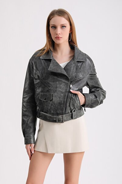 Leather Club Antrasit Gri Oversize Biker Deri Ceket