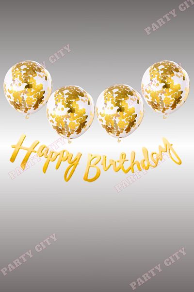 Party City Happy Birthday Gold Confetti Διάφανο Ασημένιο Σετ με Μπαλόνι