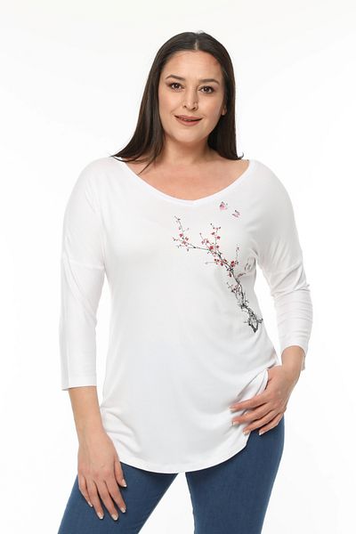 Curvy Trend Μπλούζα με φαρδιά λαιμόκοψη V με μισό μανίκι με στάμπα Sakura