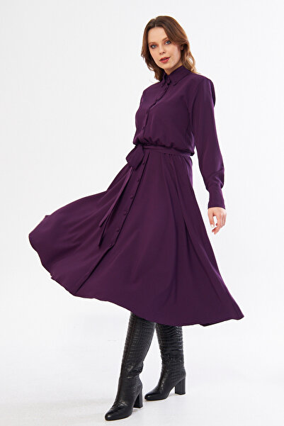 Bidoluelbise Rochie cămașă cu mânecă lungă, cu brâu, cu talie elastică, cu buzunare