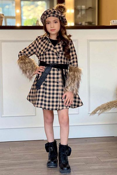 Riccotarz Girl's Beige Coat with Leather Skirt and Plush Square Pattern on Sleeves