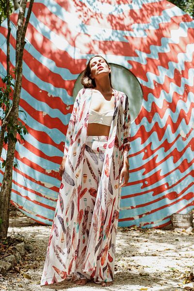 ELAF White Feather Pants&Kimono Pareo Set - Be Jumpsuit Collection