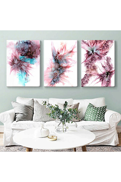 KOLAJTASARIM Mor Çiçekler Soyut Dekoratif Üç Parçalı Kanvas Tablo