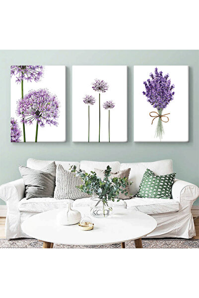 KOLAJTASARIM Mor Lavanta Çiçekleri Modern Üçlü Kanvas Tablo Seti