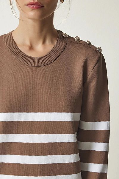 hazelin Women's Mink White Striped Shoulder Detailed Crew Neck Sweater HZL24W-BD1102081
