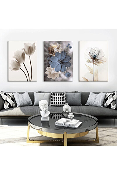 KOLAJTASARIM Dekoratif Çiçekler Modern Üç Parça Kanvas Tablo Seti
