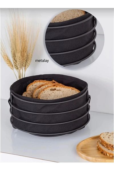 METALAY Round Bread Basket Multi-Purpose Black Stainless Basket Black Fabric Bread Holder