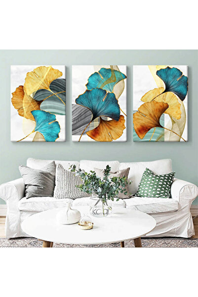 KOLAJTASARIM Soyut Mavi Yeşil Altın Yapraklar 3'lü Kanvas Tablo