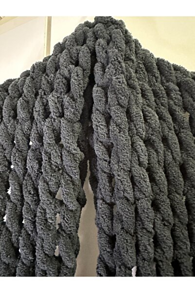 Puffy Atkı %100 El Örgüsü Yumuşacık Atkı Yünlü Uzun Siyah Unisex 180 * 19 Cm