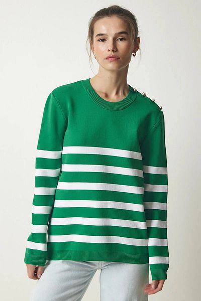 hazelin Women's Green and White Striped Shoulder Detailed Crew Neck Sweater HZL24W-BD1102081