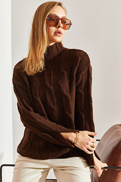 Bianco Lucci Дамски плетен пуловер с шарени трикотажни изделия с висока яка