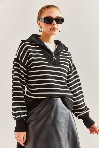 Bianco Lucci Gestreifter Strickpullover mit Reißverschluss für Damen