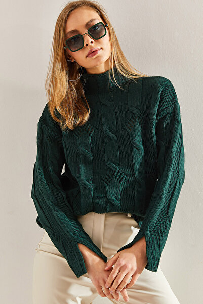 Bianco Lucci Γυναικείο πλεκτό πουλόβερ με μισό ζιβάγκο με πλεκτό σχέδιο