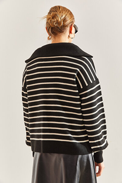 Bianco Lucci Women's Striped Zipper Knitwear Sweater