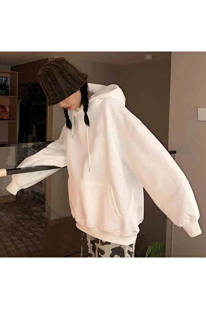 Touz Moda Basic Plain Oversize Unisex bílá mikina s kapucí s kapucí