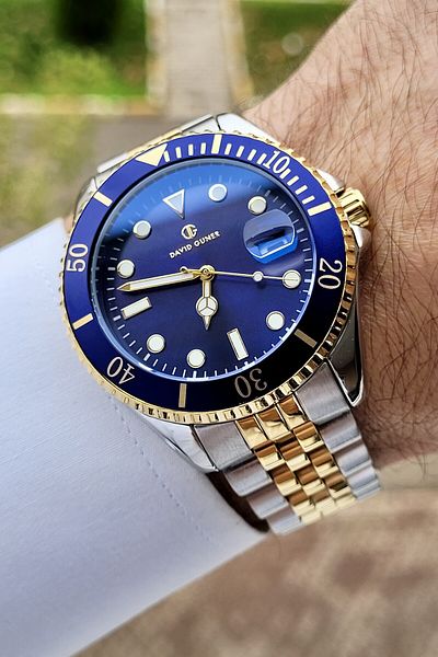 DAVID GUNER Navy Blue Cordon Yellow Metallic Color Men's Wristwatch with Calendar