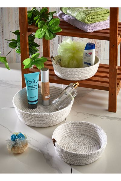MS Glassware Organizer Ψάθινο καλάθι από γιούτα 3 τεμαχίων Μπάνιο Κουζίνα Επιτραπέζιο Καλάθι Ms Home Series