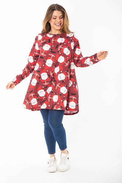 Şans Women's Plus Size Burgundy Christmas Patterned Tunic Dress 65N37426